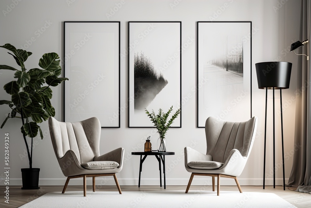 Two mock vertical blank posters are displayed on a white wall within a living room with a traditiona