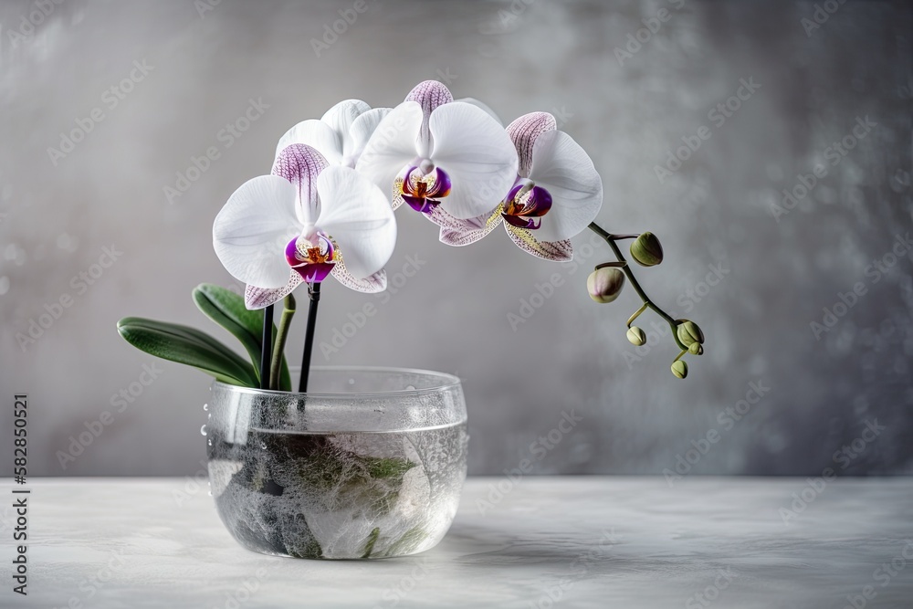 Beautiful white pink orchid phalaenopsis in bloom in a pot on a glass table with a light wall backgr