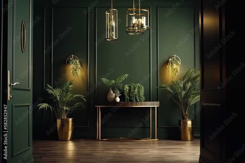 With an interesting black table and gold decorations, a hallway or corridor. Plants and a wood panel