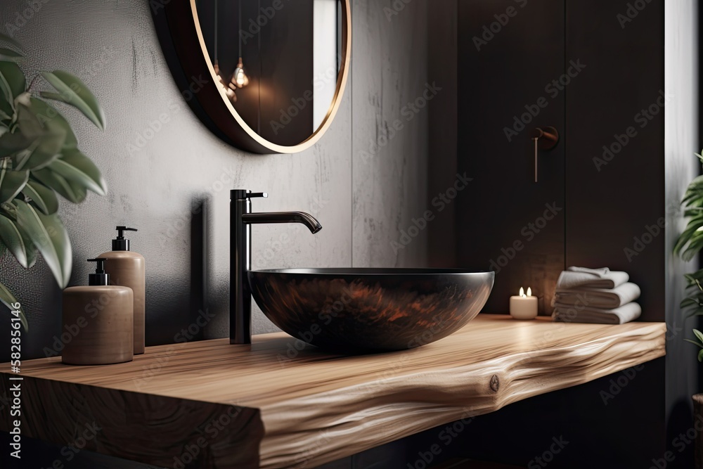 Modern minimalist bathroom with a luxurious black stone washbasin and faucet on a wooden tabletop. N