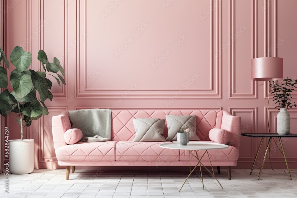 Interior of living room with pink wall backdrop and grey velvet sofa. Generative AI