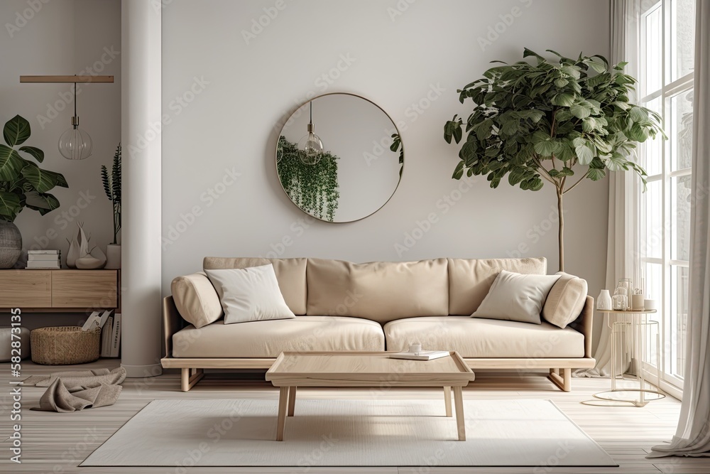 A light living rooms decor features a beige sofa, pillows on the sofa, a plant, and a coffee table 