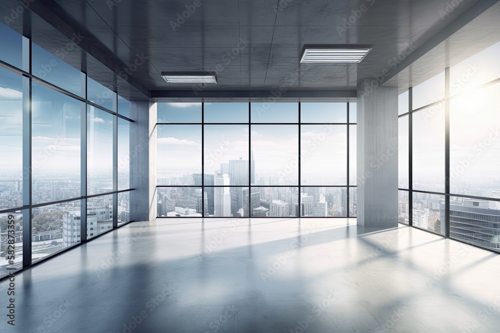 A vacant office has a large window. the city. fresh workplace design idea. Generative AI