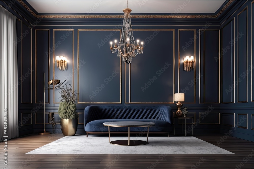 Scene in a living room or reception hall with dark, rich colors. blue and cocoa brown together. Blan