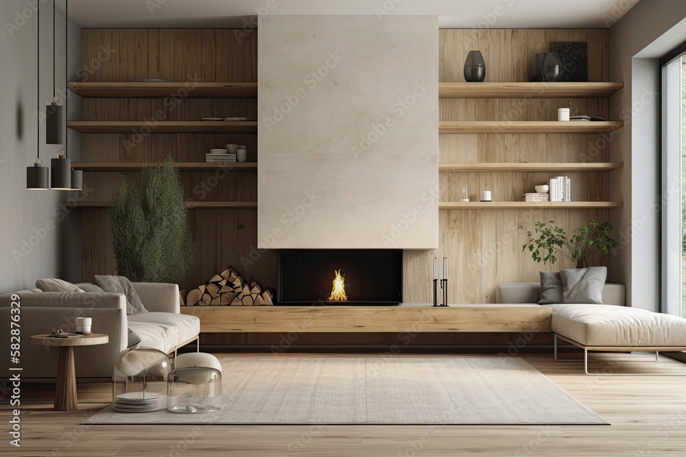 Interior scene and mockup of a modern living room with a fireplace and stylish wall shelves. Generat