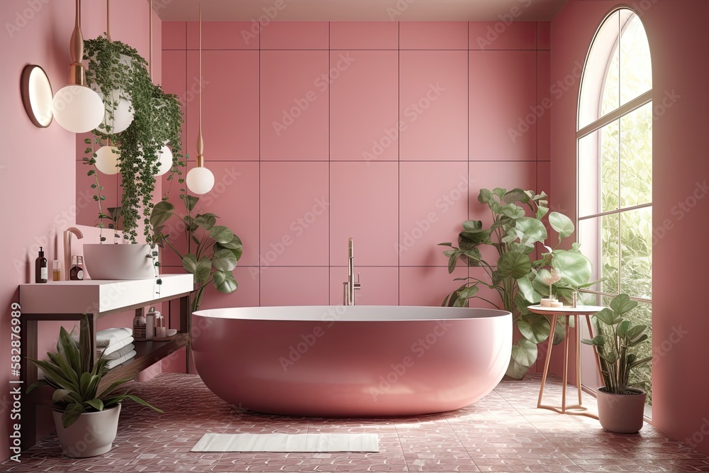 bathtub in a pink bathroom,. Generative AI