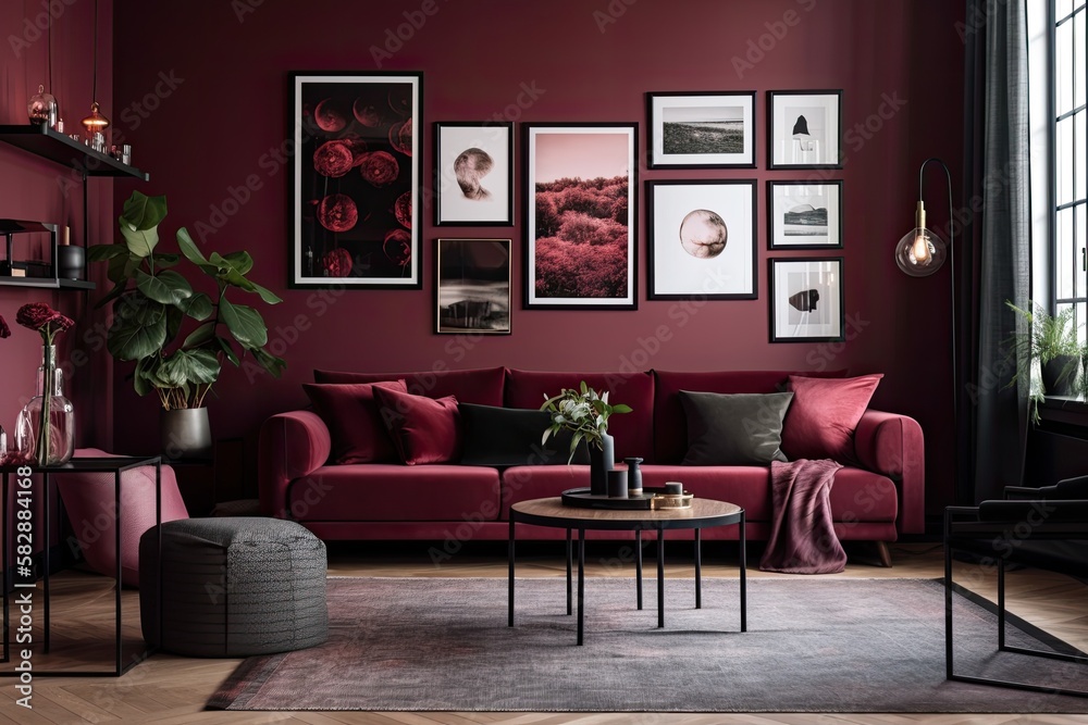 Dark red, maroon colored room in a modern apartment with furniture and plants. Gallery wall template