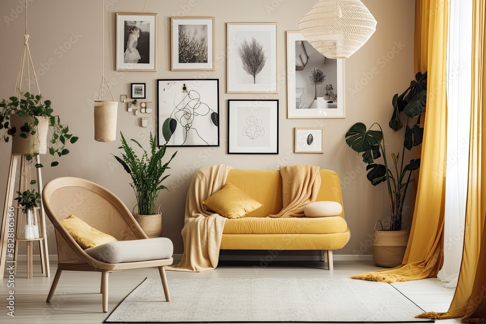 a monochromatic light yellow gallery wall with furniture and plants, a flat color interior space wit