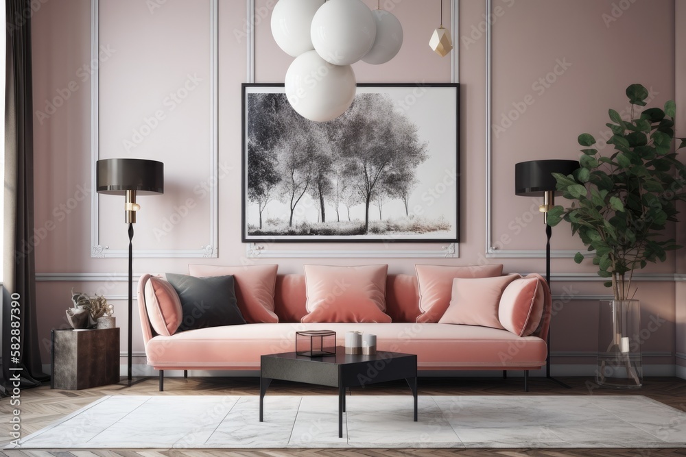 Beautiful pink sofa, elegant pouf, coffee table, plants, pillows, décor, elegant personal items, and
