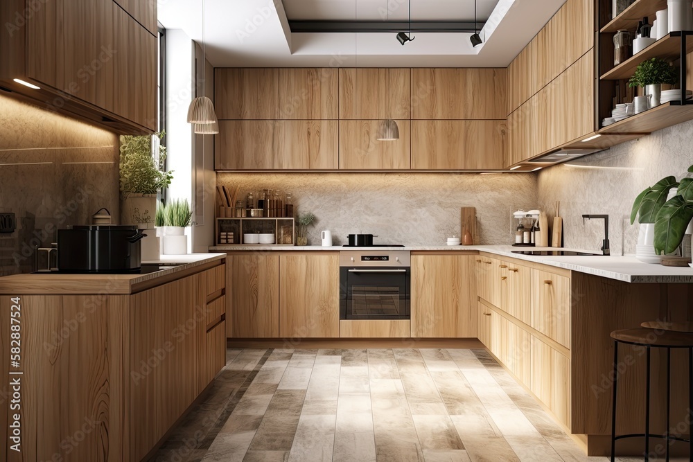 Interior of a luxurious kitchen with oak cabinets, tiled walls, and a row of white counters. Generat