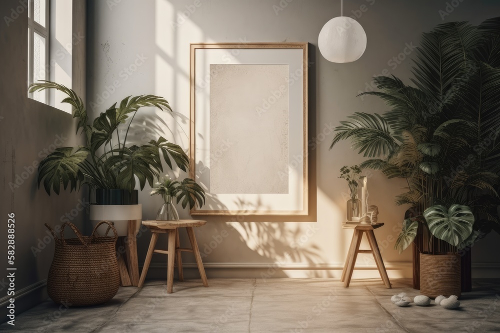 White frame leaning on the ground in a fake room with plants. Model of a framed image for a wall. Ge