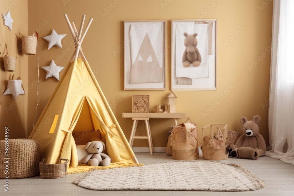 Mock up frame in a kids playroom with a tent, a chair, a rattan basket, and a carpet in the shape o