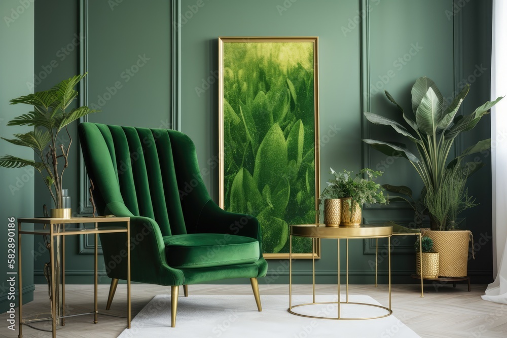 An empty gold frame hangs on the wall of a living room with fresh plants, a chair, and a green decor