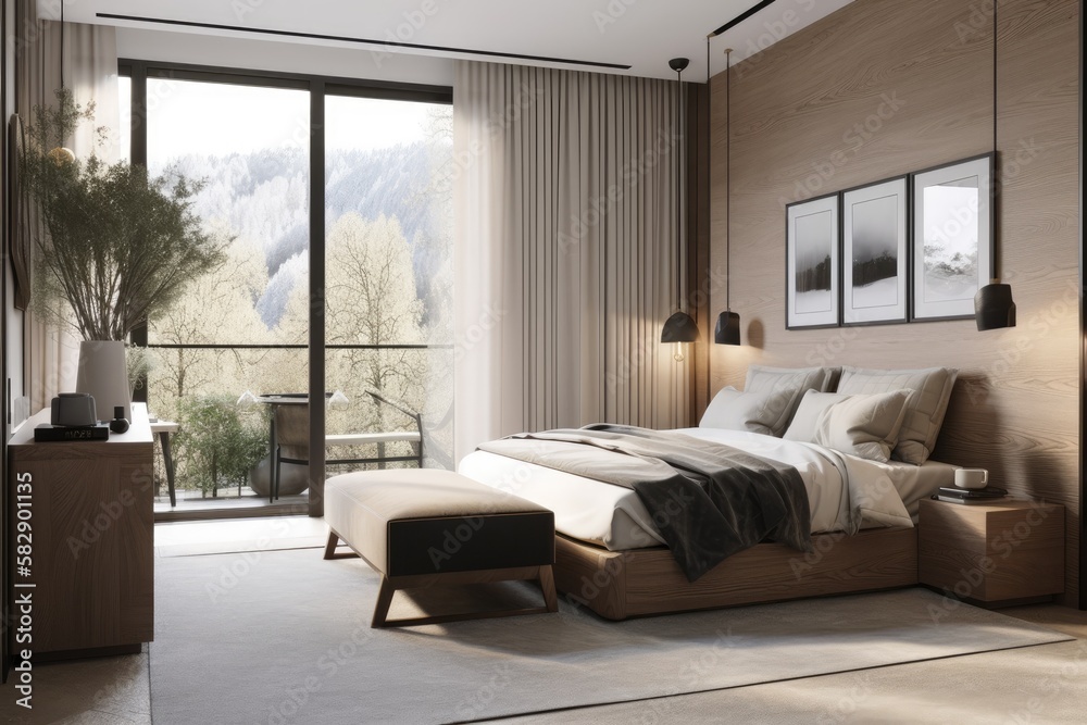 a master bedroom seen from the side with white walls, a carpet on wood, and a double bed beneath a b