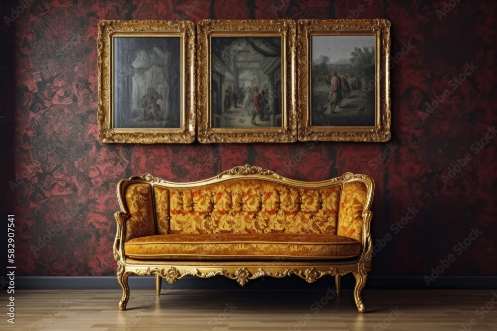 Antique golden art gallery frame with furniture and decorative detail, home design and interior deco
