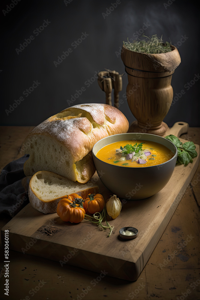 Butternut squash soup and baguette on wooden board. Illustration AI Generative