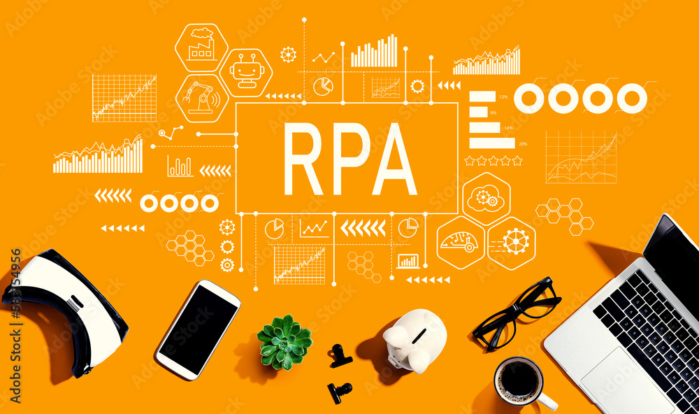 Robotic Process Automation RPA theme with electronic gadgets and office supplies - flat lay