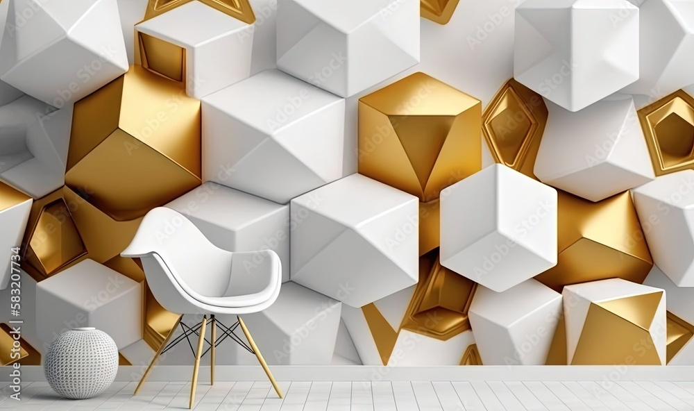  a white chair sitting in front of a white wall with gold geometric shapes and a white chair in fron