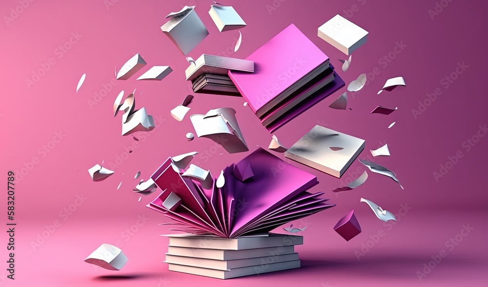  a pile of books flying through the air with books falling out of them on a pink background with a p