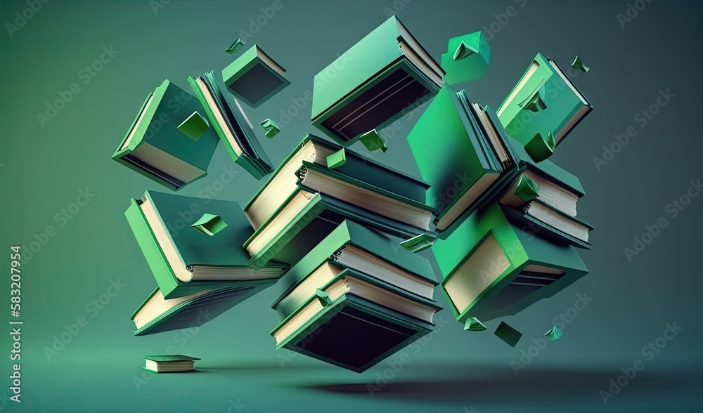  a bunch of books flying through the air with a green and black background and a green and black bac