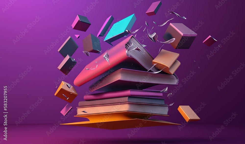  a pile of books flying through the air with a purple background and a purple background with a purp
