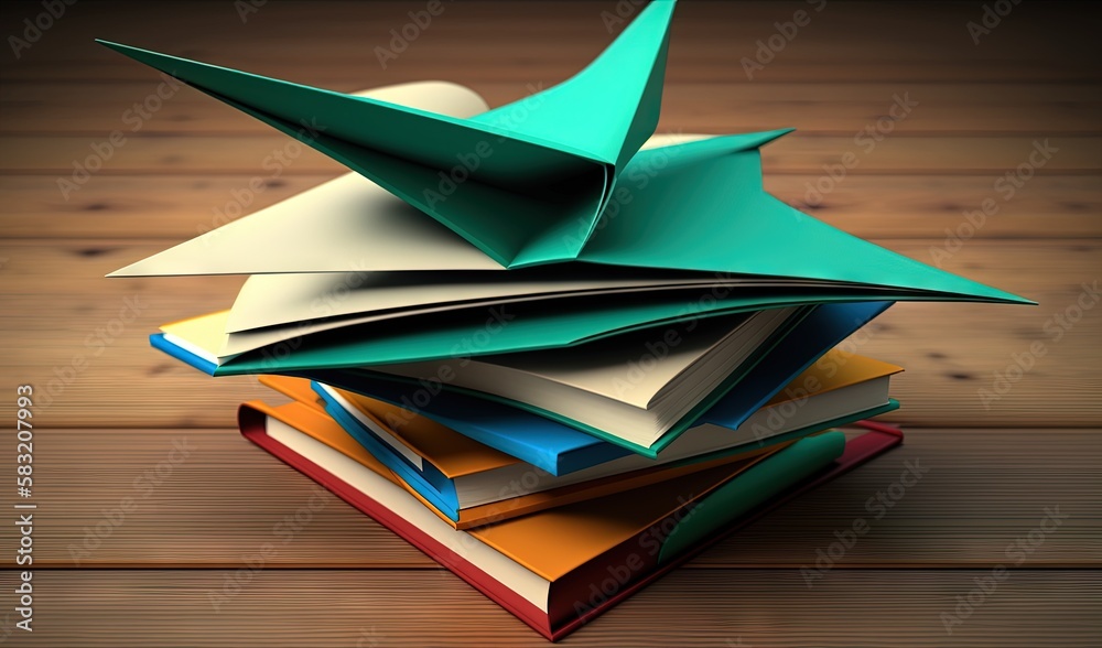  a stack of books with a paper bird on top of it on a wooden table with a wooden floor and a wooden 