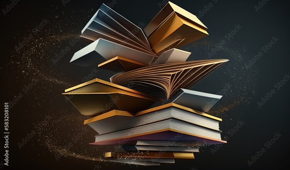  a stack of books flying through the air with dust coming out of it and a star in the sky above it o