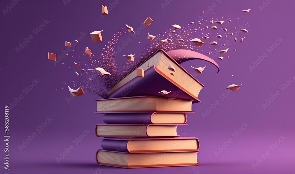  a stack of books with books flying out of it on a purple background with a purple background and a 