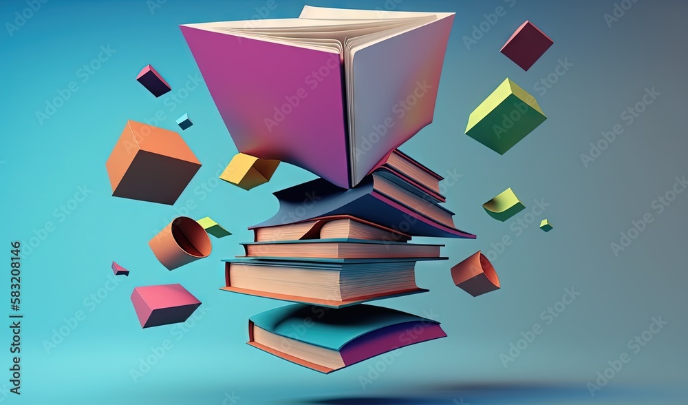  a stack of books flying through the air next to a blue background with colorful cubes flying around