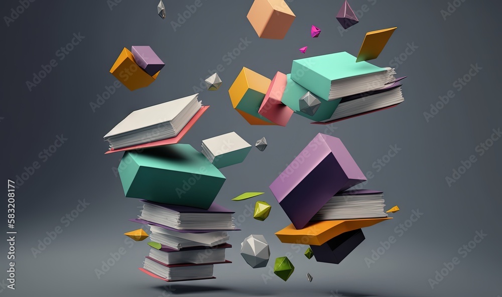  a pile of books flying through the air with origami flying around them on top of them and on top of
