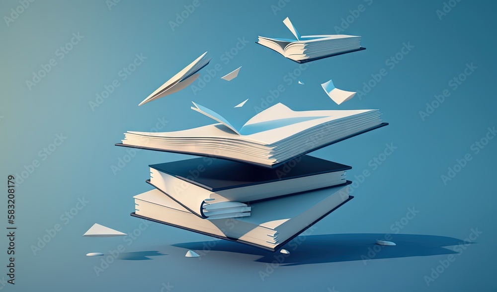  a stack of books flying through the air with a book flying out of its top and a book on top of it