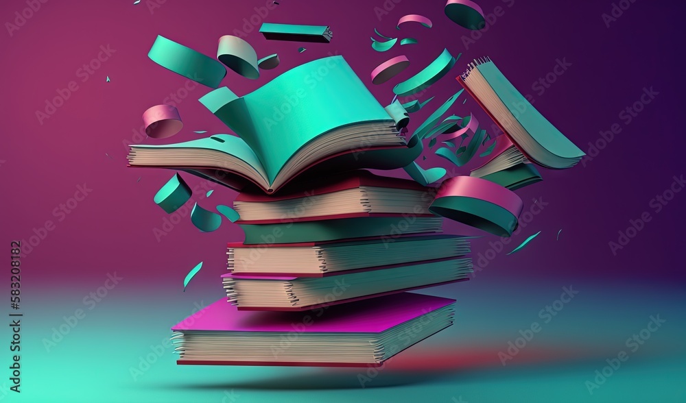  a stack of books with books falling off of them and a purple background with a blue and pink book o