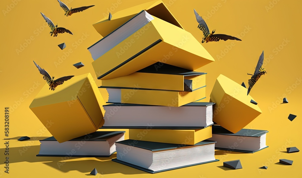  a pile of books with a bunch of birds flying around them on a yellow background with a yellow backg