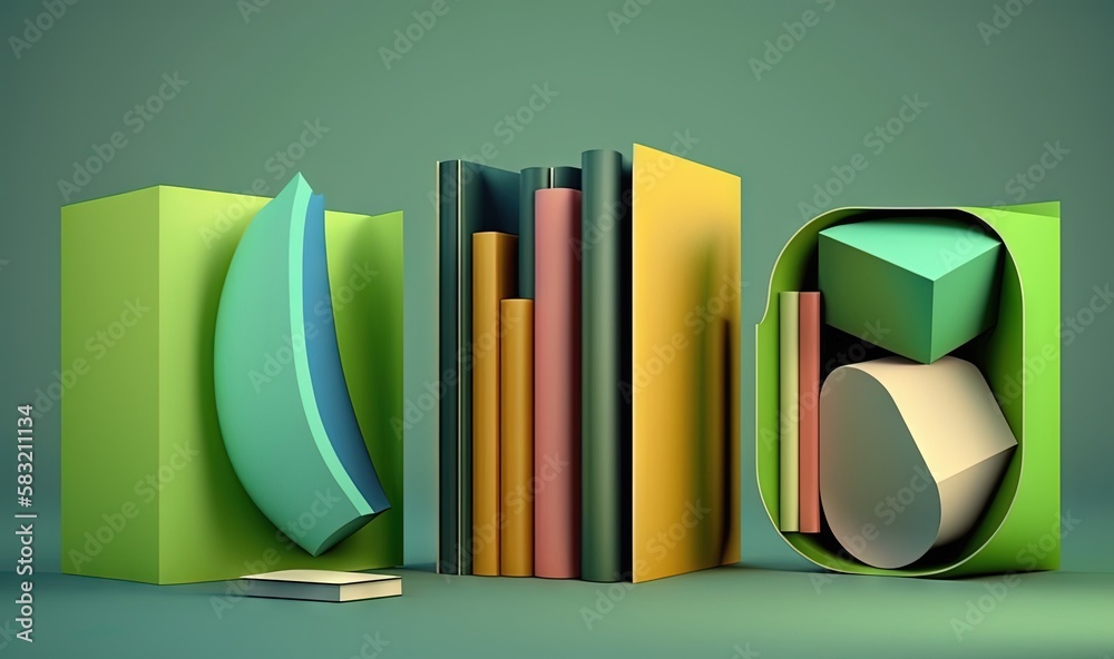  a green book case with books and a book on top of it and a green book case next to it with a book i