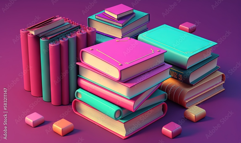  a pile of books sitting next to each other on top of a purple surface with pink and blue covers on 