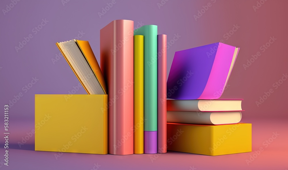 a stack of books sitting on top of a yellow book stand next to a purple book case on a pink backgro