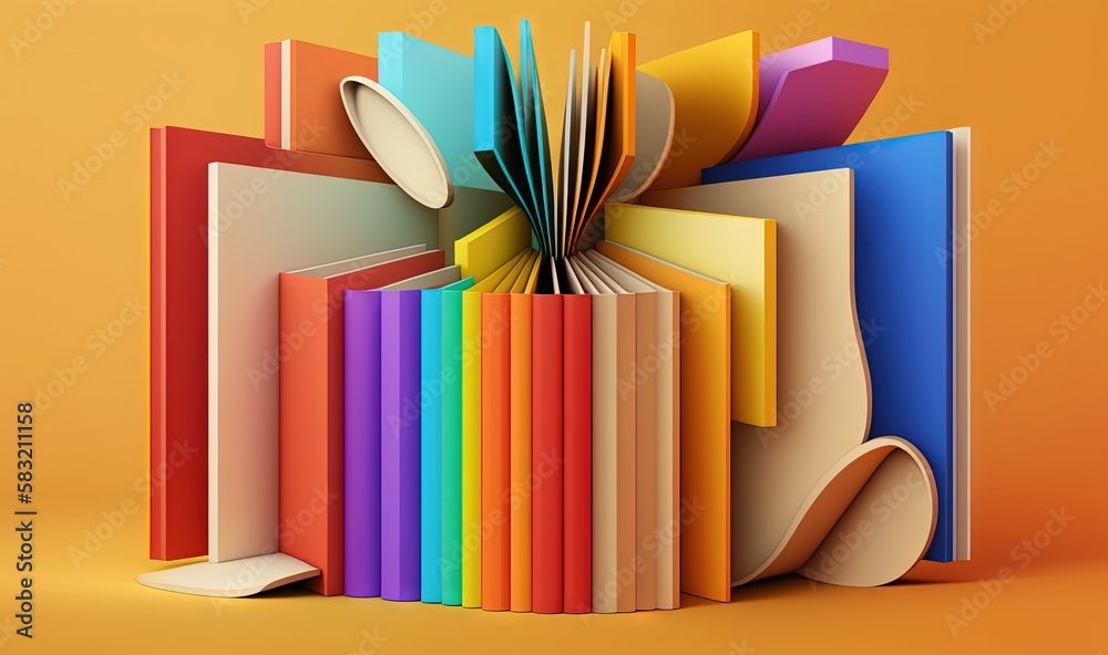  a stack of books with a rainbow colored cover on top of it and a yellow background behind it, with 