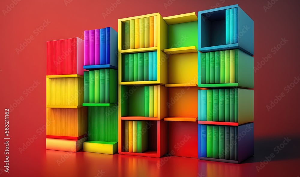  a multicolored bookcase is shown against a red background with a reflection of the books on the bot