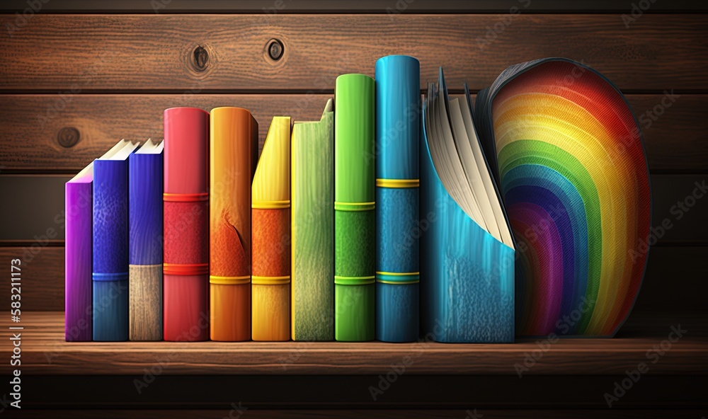  a row of books with a rainbow on top of them next to a wooden shelf with a rainbow book on top of i