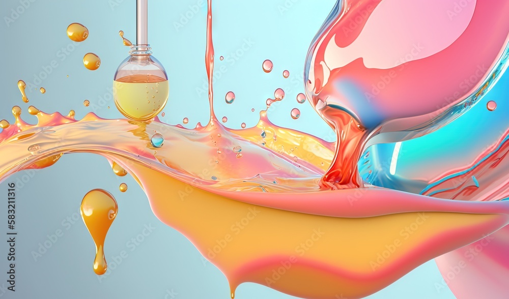  a colorful liquid pouring into a glass with a drop of liquid coming out of the top of it and a drop