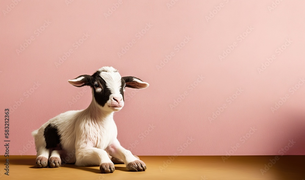  a small black and white goat sitting on top of a wooden table next to a pink wall and a chair with 