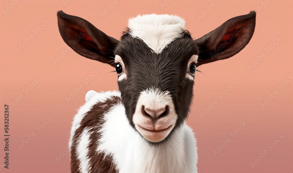  a close up of a goat with a pink background and a brown and white stripe on its face and a black a