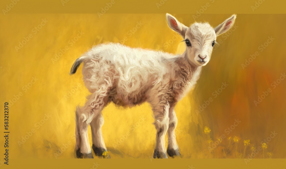  a painting of a baby goat standing in a field of yellow grass with a yellow background and a yellow