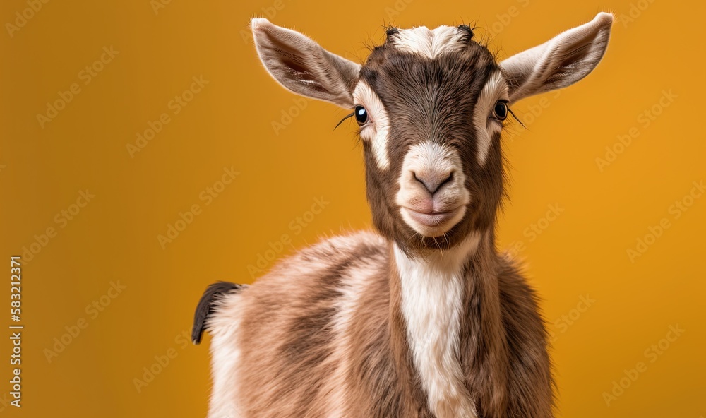  a brown and white goat standing on top of a yellow background and looking at the camera with a surp
