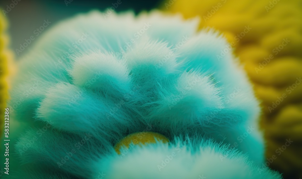  a close up of a stuffed animal with a yellow ball in its center and a blue fuzzy ball in the middl