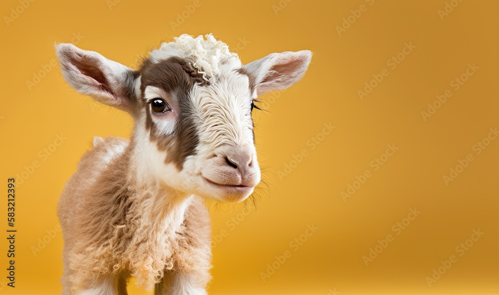  a baby goat standing on top of a yellow floor next to a yellow wall and a yellow wall behind it is 