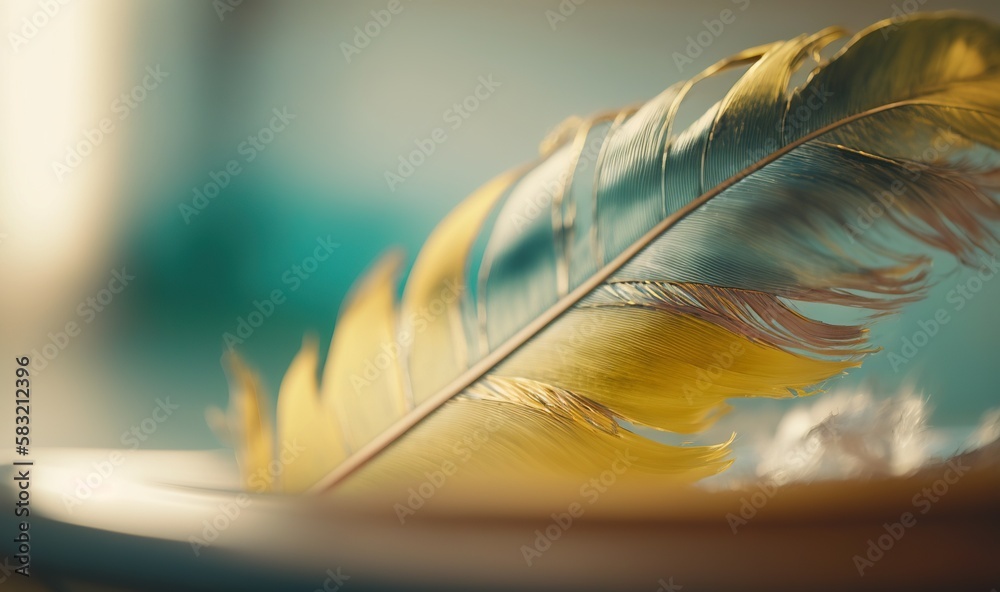  a close up of a yellow and blue feather on a plate with a blurry background of a blurry wall and a 