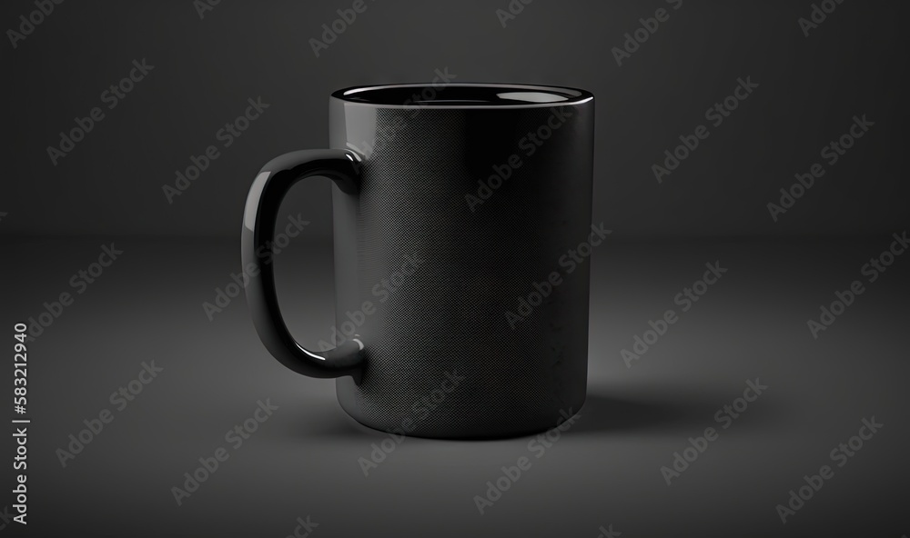  a black coffee mug is shown on a dark background with a shadow on the ground and a black background