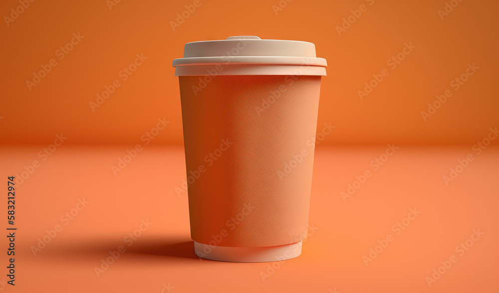  a coffee cup with a lid on an orange background with a shadow on the floor and a shadow on the wall