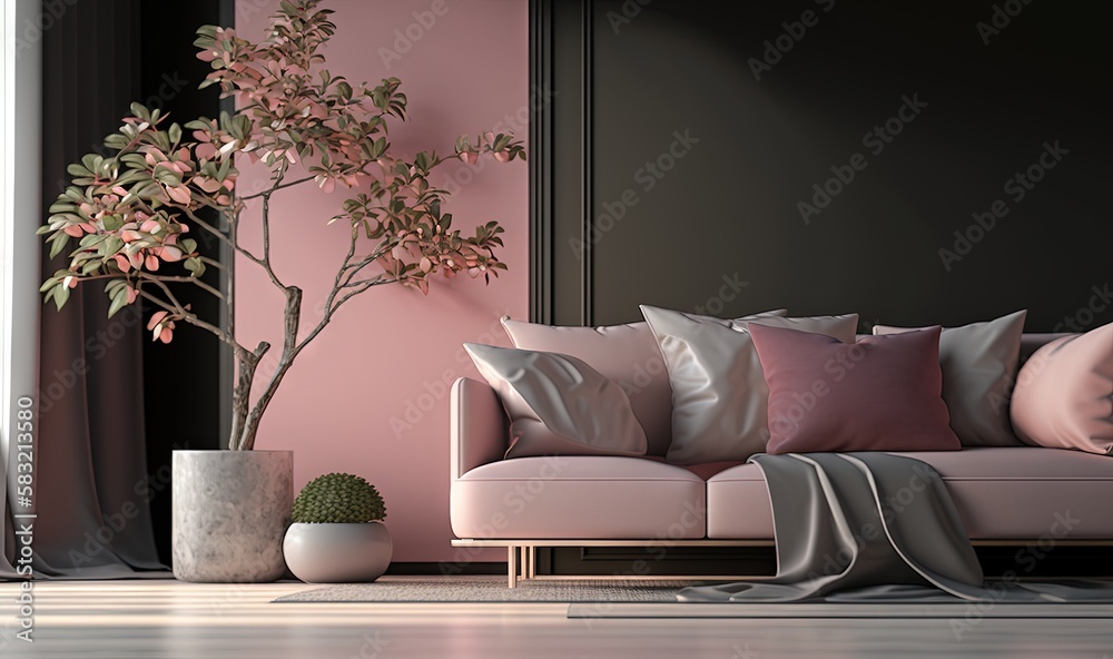  a living room with a couch and a potted plant on the side of the couch and a pink wall behind it wi